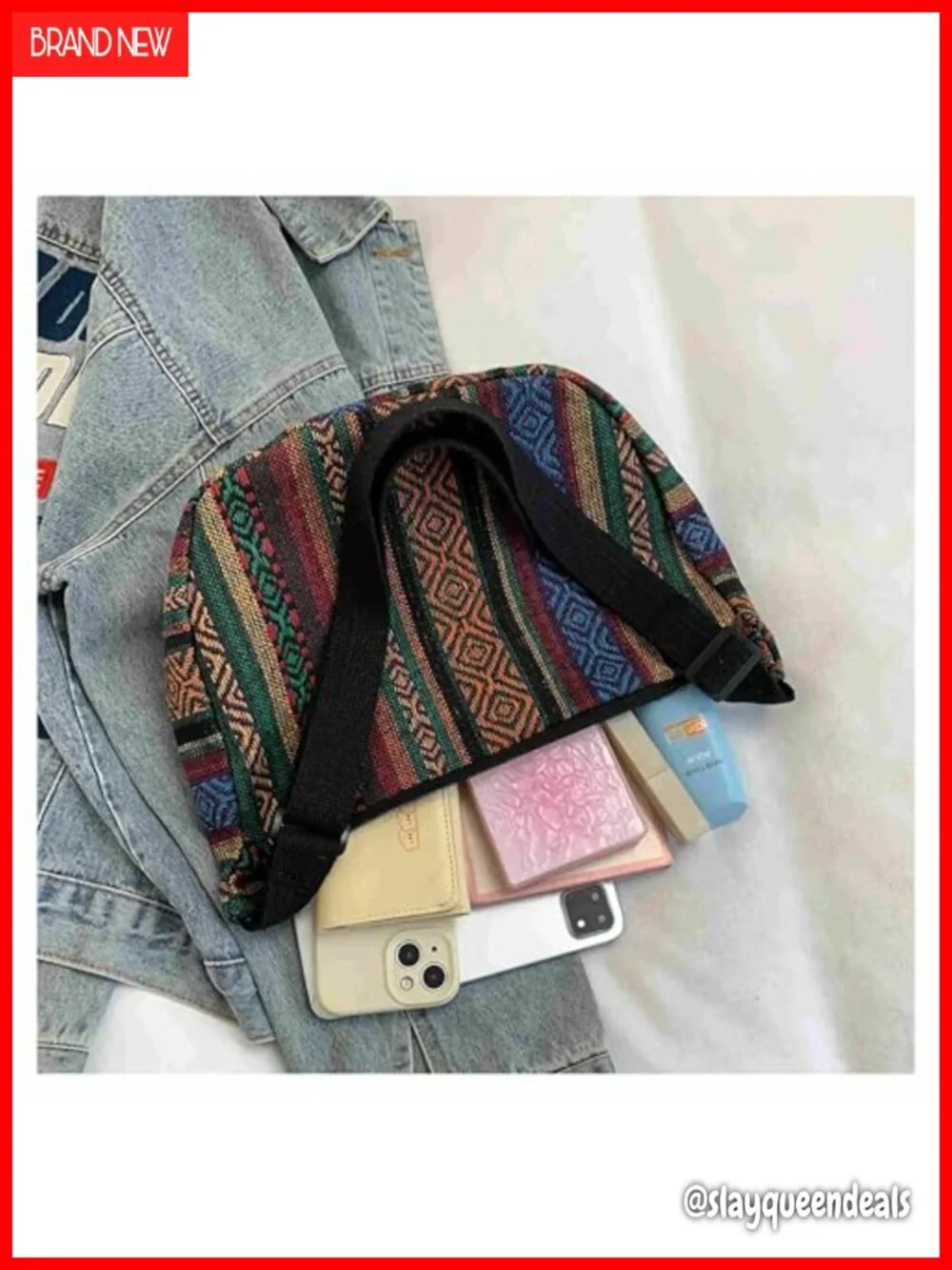 Boho woven hobo crossbody bag, ethnic geometric pattern, adjustable strap